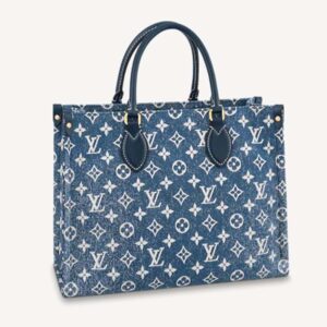 Louis Vuitton LV Unisex Onthego MM Tote Navy Blue Denim Jacquard Textile Calf