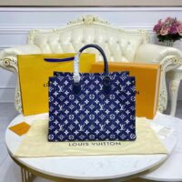 Louis Vuitton LV Unisex Onthego MM Tote Navy Blue Denim Jacquard Textile Calf (1)