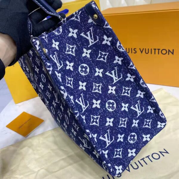 Louis Vuitton LV Unisex Onthego MM Tote Navy Blue Denim Jacquard Textile Calf (13)