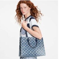 Louis Vuitton LV Unisex Onthego MM Tote Navy Blue Denim Jacquard Textile Calf (1)