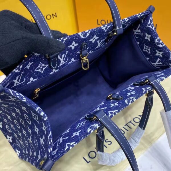 Louis Vuitton LV Unisex Onthego MM Tote Navy Blue Denim Jacquard Textile Calf (7)