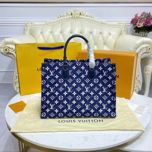 Louis Vuitton LV Unisex Onthego MM Tote Navy Blue Denim Jacquard Textile Calf (8)