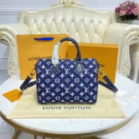 Louis Vuitton LV Unisex Speedy Bandoulière 25 Handbag Navy Blue Denim Jacquard Calfskin (11)