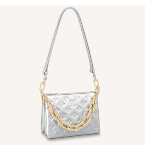 Louis Vuitton LV Women Coussin BB Handbag Silver Monogram Embossed Puffy Lambskin