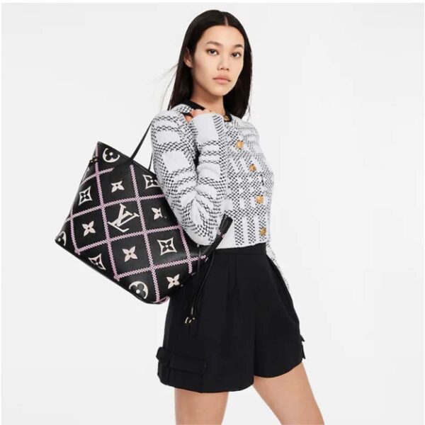 Louis Vuitton LV Women Neverfull MM Tote Black Pink Grained Cowhide Leather (3)