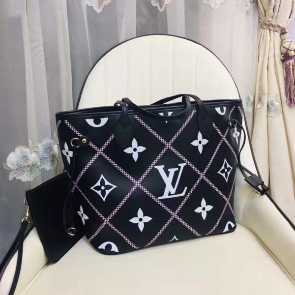 Louis Vuitton LV Women Neverfull MM Tote Black Pink Grained Cowhide Leather (4)