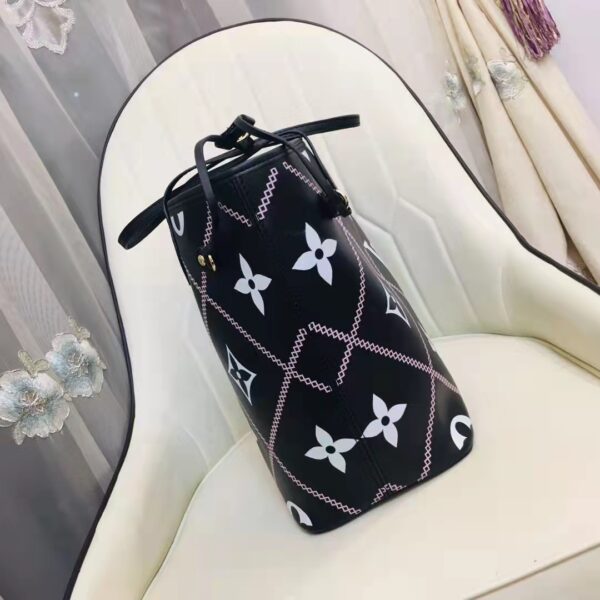 Louis Vuitton LV Women Neverfull MM Tote Black Pink Grained Cowhide Leather (9)