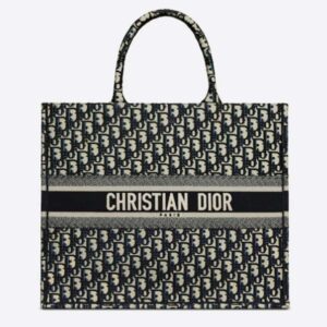 Dior Unisex CD Large Book Tote Navy Blue Dior Oblique Embroidery