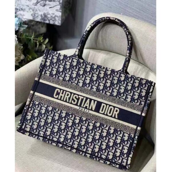 Dior Unisex CD Medium Book Tote Navy Blue Dior Oblique Embroidery (2)