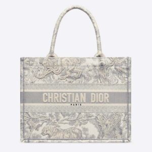 Dior Unisex CD Medium Dior Book Tote Gray Toile De Jouy Embroidery