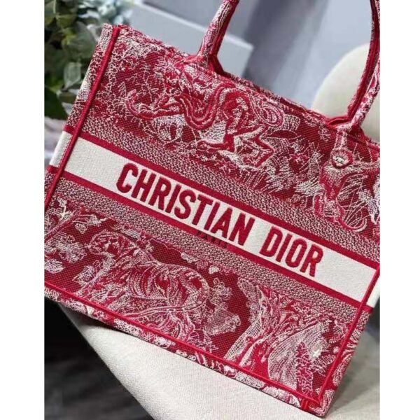 Dior Unisex Medium Book Tote Burgundy Toile De Jouy Stripes Embroidery (10)