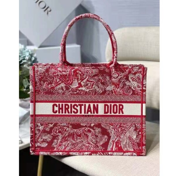 Dior Unisex Medium Book Tote Burgundy Toile De Jouy Stripes Embroidery (11)