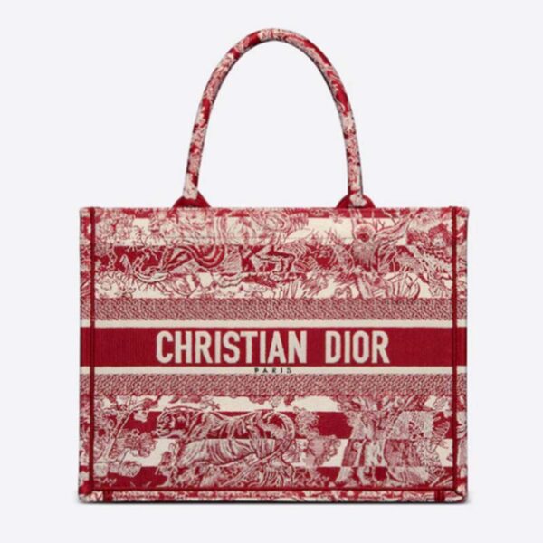 Dior Unisex Medium Book Tote Burgundy Toile De Jouy Stripes Embroidery (2)