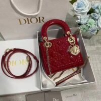 Dior Women CD Mini Lady Dior Bag Cherry Red Patent Cannage Calfskin (7)