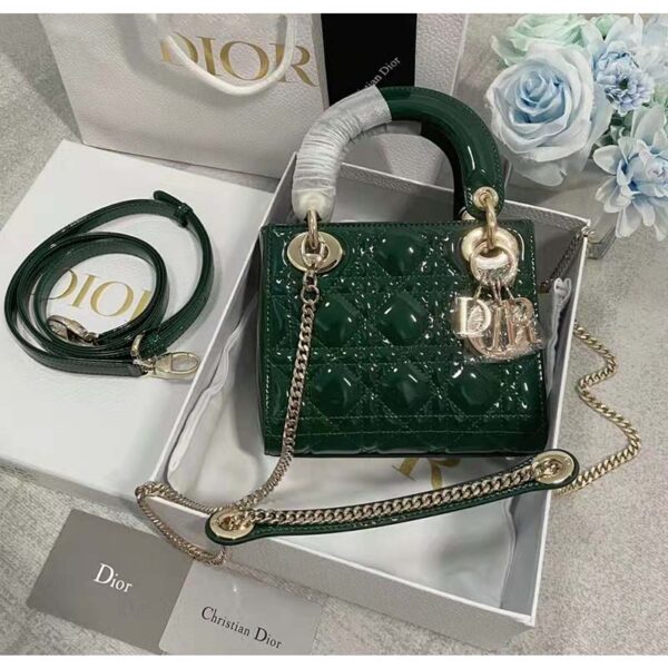 Dior Women CD Mini Lady Dior Bag Pine Green Patent Cannage Calfskin (10)