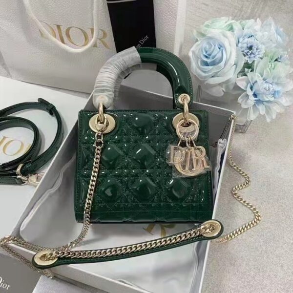 Dior Women CD Mini Lady Dior Bag Pine Green Patent Cannage Calfskin (7)
