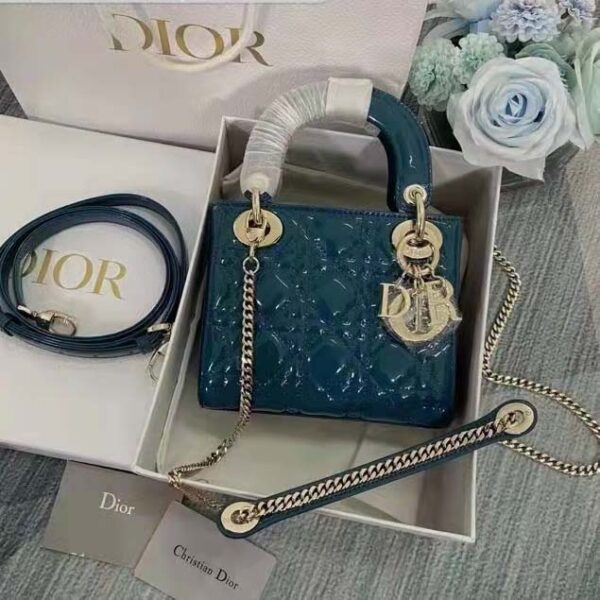 Dior Women Mini Lady Dior Bag Bright Blue Patent Cannage Calfskin (4)