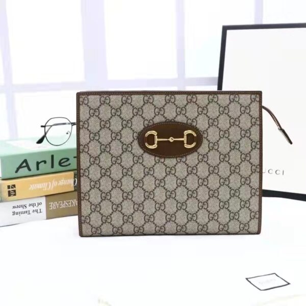 Gucci Unisex GG Horsebit 1955 Pouch Brown Beige Ebony GG Supreme Canvas (10)