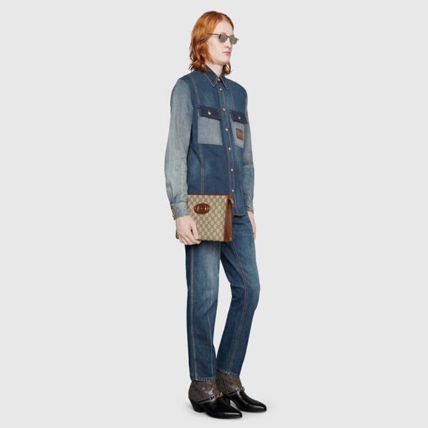 Gucci Unisex GG Horsebit 1955 Pouch Brown Beige Ebony GG Supreme Canvas (12)