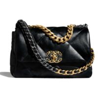 Chanel Women 19 Handbag Lambskin Gold Silver-Tone Ruthenium-Finish Metal Black