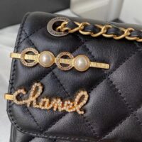 Chanel Women Small Flap Bag Black Lambskin Glass Pearls Strass Gold Silver (9)