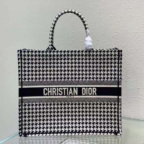 Dior Women Book Tote Black and White Houndstooth Embroidery (2)