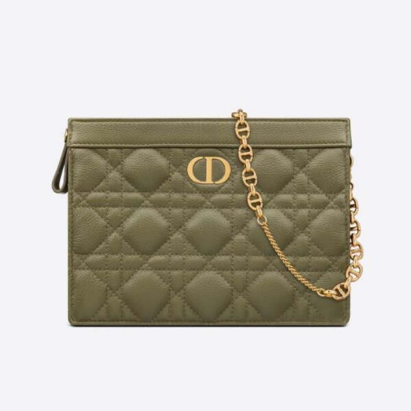 Dior Women Caro Zipped Pouch with Chain Cedar Green Supple Cannage Calfskin-green (1)