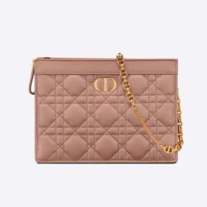 Dior Women Caro Zipped Pouch with Chain Cedar Pink Supple Cannage Calfskin