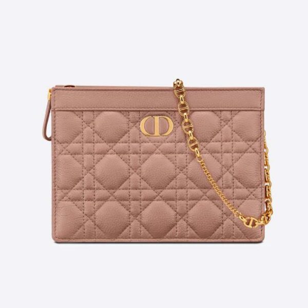 Dior Women Caro Zipped Pouch with Chain Cedar Green Supple Cannage Calfskin-pink (1)