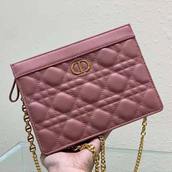 Dior Women Caro Zipped Pouch with Chain Cedar Green Supple Cannage Calfskin-pink (8)