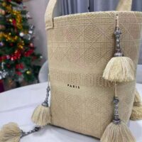 Dior Women D-bubble Bucket Bag Beige Cannage Embroidery with Straw Effect (1)