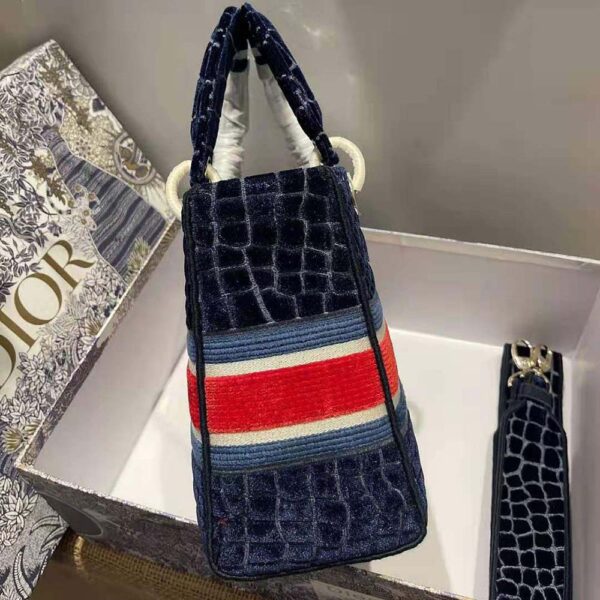Dior Women Medium Lady D-lite Bag Blue Velvet Cannage Embroidery (4)