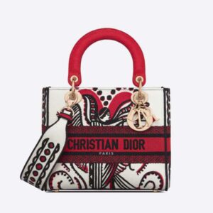 Dior Women Medium Lady D-lite Bag Latte Multicolor Cupidon Embroidery