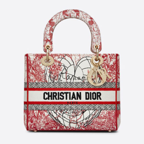 Dior Women Medium Lady D-lite Bag Red and White D-Royaume D Amour Embroidery (1)