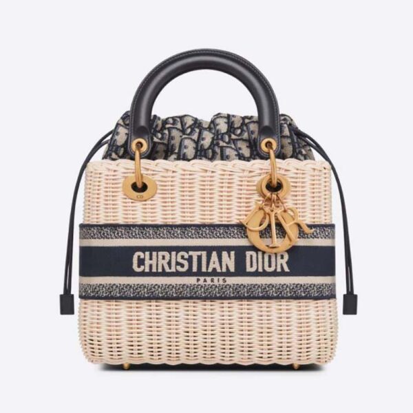 Dior Women Medium Lady Dior Bag Natural Wicker and Blue Dior Oblique Jacquard (1)