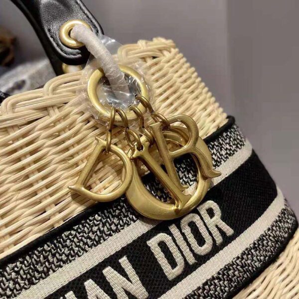 Dior Women Medium Lady Dior Bag Natural Wicker and Blue Dior Oblique Jacquard (8)