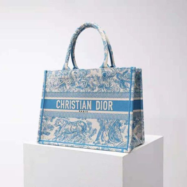 Dior Women Small Dior Book Tote Cornflower Blue Toile de Jouy Embroidery (3)