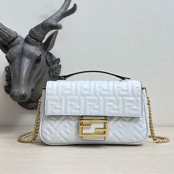 Fendi Women Baguette Chain Midi Light Gray Leather Bag-White (2)