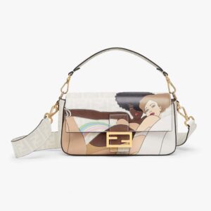 Fendi Women Baguette FF White Glazed Fabric Bag with Inlay