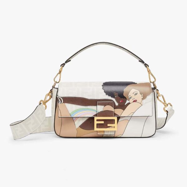 Fendi Women Baguette FF White Glazed Fabric Bag with Inlay (1)