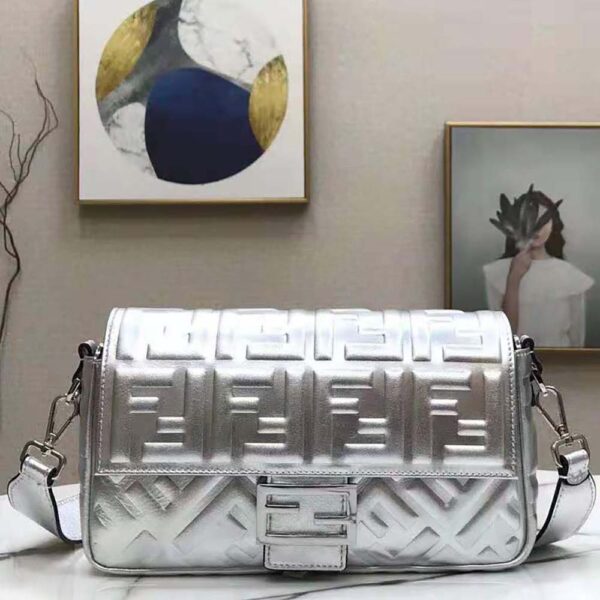 Fendi Women Baguette Fendi Prints On Leather Bag-silver (15)