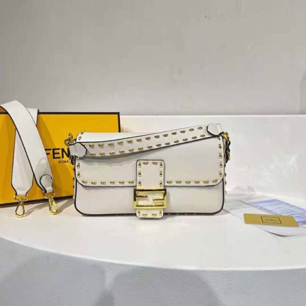 Fendi Women Conic Medium Baguette White Leather Bag (2)