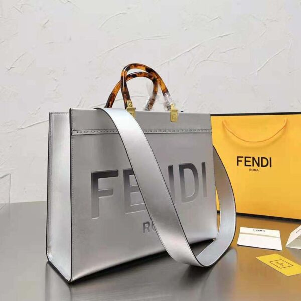 Fendi Women Fendi Sunshine Medium Silver Laminated Leather Shopper (6)