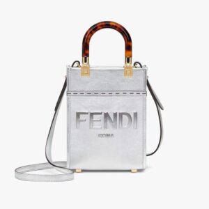 Fendi Women Mini Sunshine Shopper Silver Laminated Leather Shopper