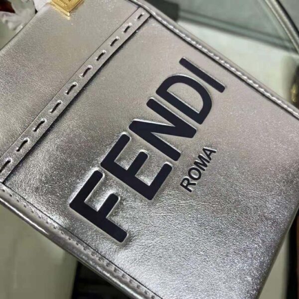 Fendi Women Mini Sunshine Shopper Silver Laminated Leather Shopper (9)