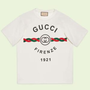 Gucci GG Women Cotton Jersey 'Gucci Firenze 1921' White T-Shirt Crewneck Oversize Fit