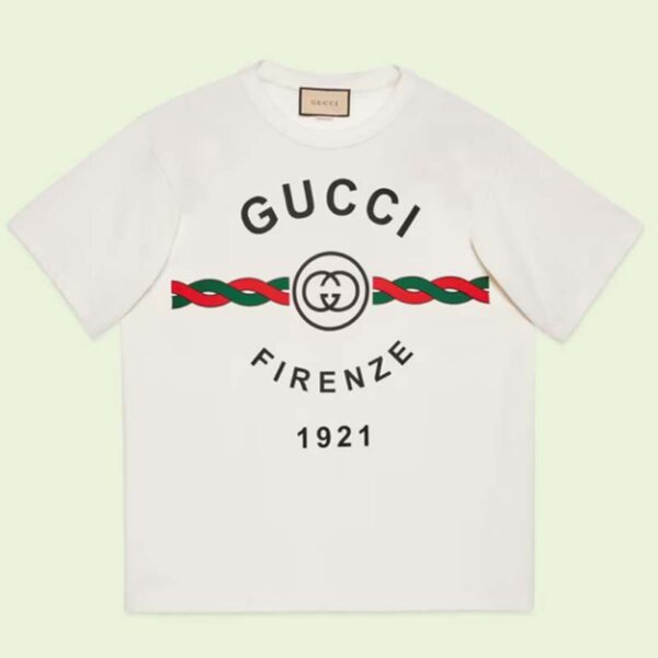 Gucci GG Women Cotton Jersey ‘Gucci Firenze 1921’ White T-Shirt Crewneck Oversize Fit (1)