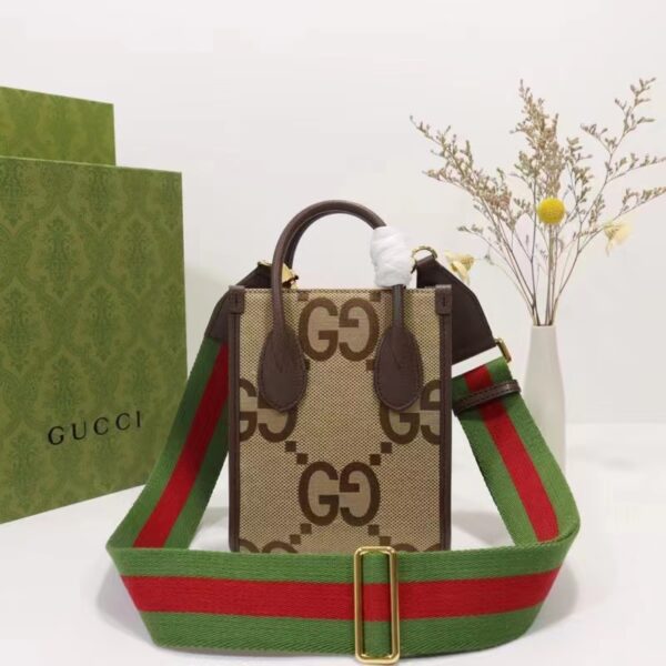 Gucci Unisex Jumbo GG Mini Tote Bag Camel Ebony Canvas (3)