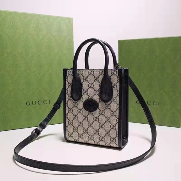 Gucci Unisex Mini Tote Bag Interlocking G Beige Blue GG Supreme Canvas (3)