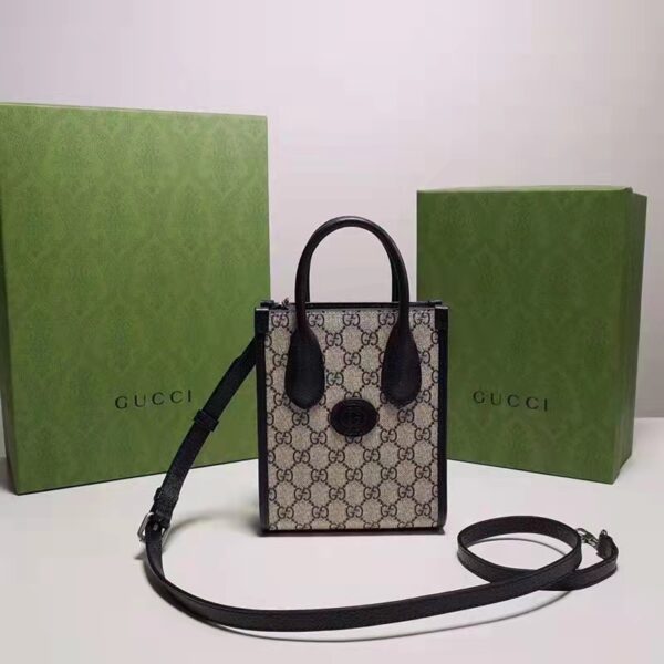 Gucci Unisex Mini Tote Bag Interlocking G Beige Blue GG Supreme Canvas (7)